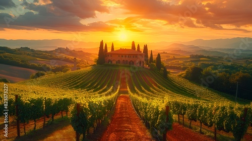 Stunning sunset over a vineyard in Tuscany  Italy with vibrant colors and beautiful landscape  perfect for travel and nature photography.