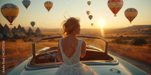 Frau in einem weißen Hochzeitskleid sitzt auf der Motorhaube eines alten Cabriolets, über ihrem Kopf schweben Heißluftballons photo