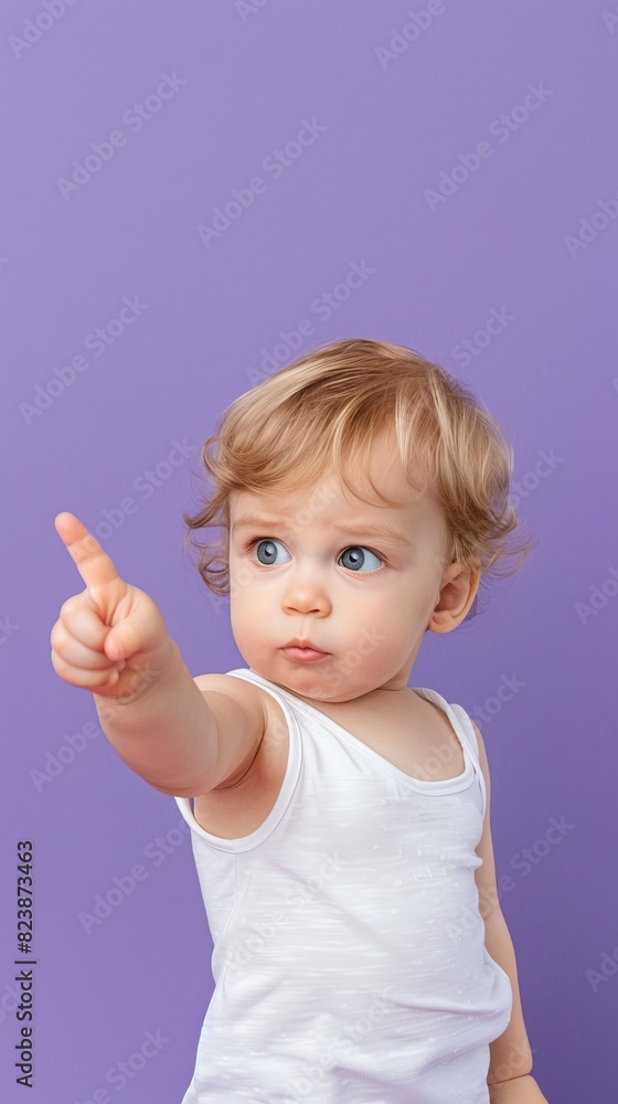 A baby points with curiosity against a serene pastel purple backdrop A baby points with curiosity against a serene pastel purple backdrop