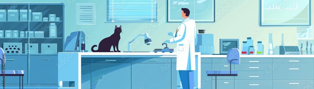 A veterinarian performing a routine checkup on a friendly cat, with a clean, wellorganized clinic and advanced medical equipment