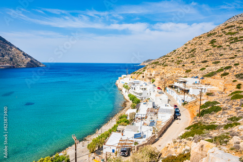 View of Kamares port sea bay and village in mountain landscape, Sifnos island, Greece