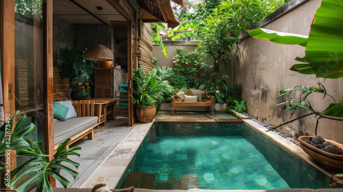 Wallpaper Mural Luxurious Bali retreat: Secluded pool, tropical garden, wooden lounge. Relax in nature. Torontodigital.ca