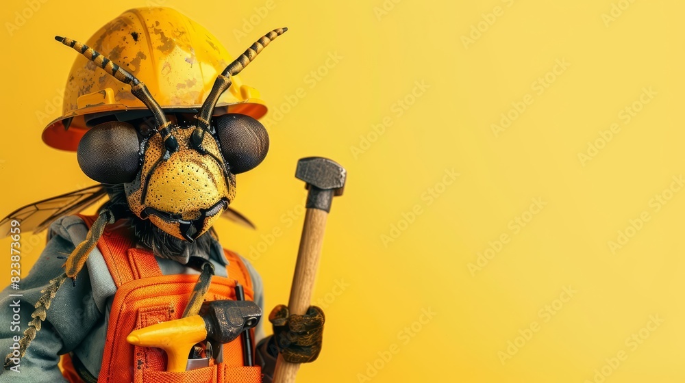 A wasp dressed as a construction worker with a hard hat and tool belt, holding a hammer, against a yellow background with copy space