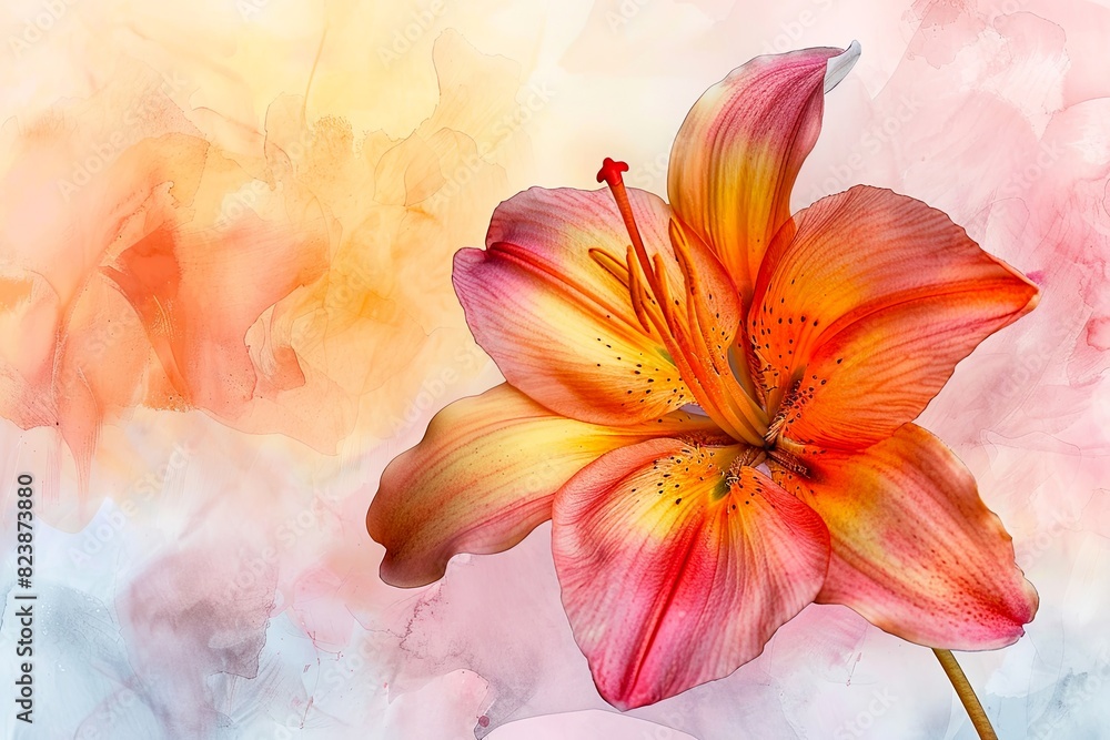 Close-up of beautiful pink lily flower on colorful watercolor background. Close-up of beautiful pink lily flower on colorful watercolor background.