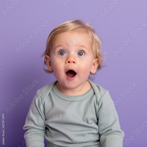 A joyful infant gazes with amusement, set against a serene pastel purple backdrop