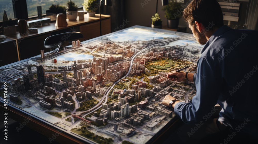 Obraz premium An architect closely analyzes a model of an urban cityscape while working in an office