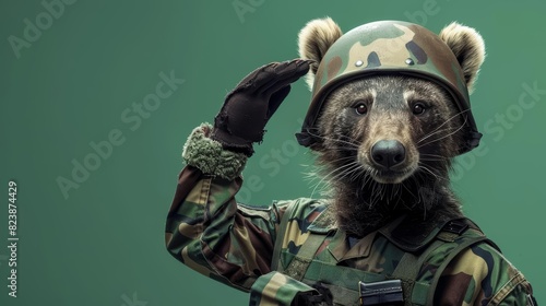 A wolverine dressed as a soldier with a helmet and camouflage uniform, saluting, against a green background with copy space photo