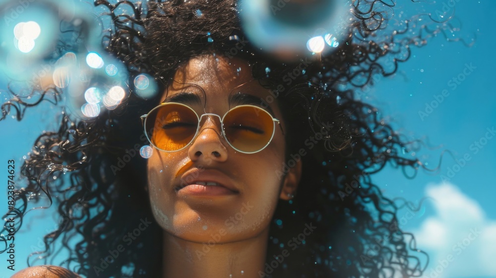 A woman blowing bubbles in the air, perfect for summer vibes A woman blowing bubbles in the air, perfect for summer vibes