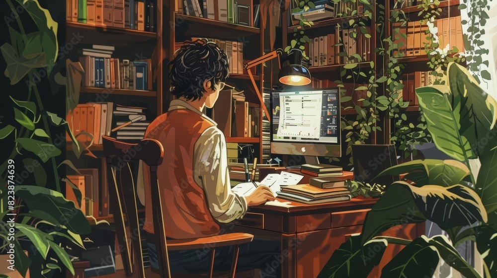A writer brainstorming ideas on a digital notepad, with a cozy home office filled with books, plants, and natural light A writer brainstorming ideas on a digital notepad, with a cozy home office filled with books, plants, and natural light