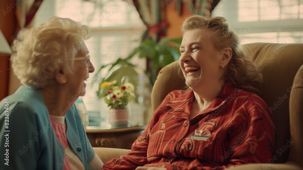 Two Elderly Women Sitting in Chair Laughing Two Elderly Women Sitting in Chair Laughing