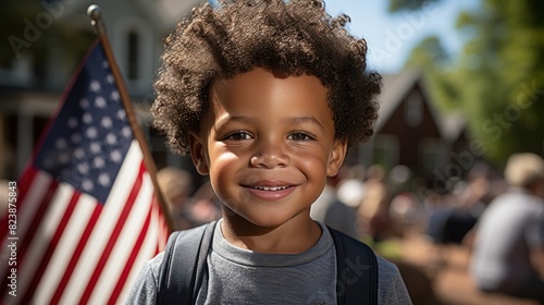 A happy young boy smiles brightly as he holds an American flag, with houses in the background on a sunny day photo
