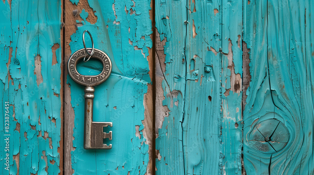 Old Key Hanging on Wooden Door Old Key Hanging on Wooden Door