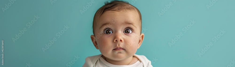 Baby with intense gaze stands out against serene pastel blue backdrop, captivating attention effortlessly Baby with intense gaze stands out against serene pastel blue backdrop, captivating attention effortlessly