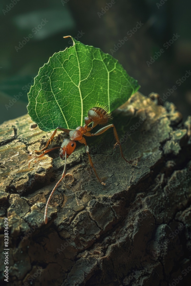 An ant carrying a leaf on a log, suitable for nature and wildlife themes