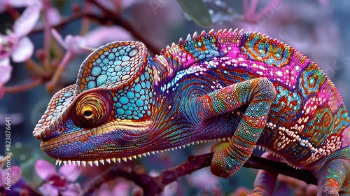 A chuckling chameleon with a colorful pattern blends into its surroundings while adding a playful touch. photo