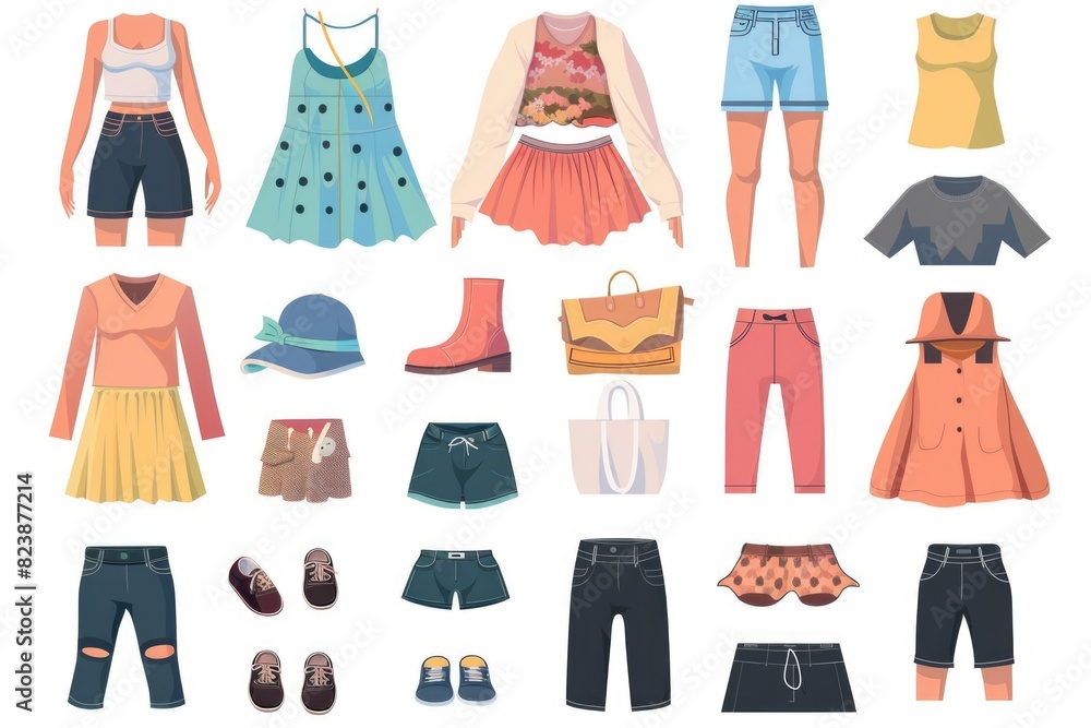 A variety of women's clothing and accessories displayed A variety of women's clothing and accessories displayed