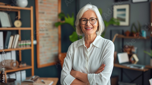 Stylish Woman With Glasses Standing at Desk