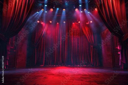 A stage with red curtains and spotlights, perfect for theatrical or performance concepts photo