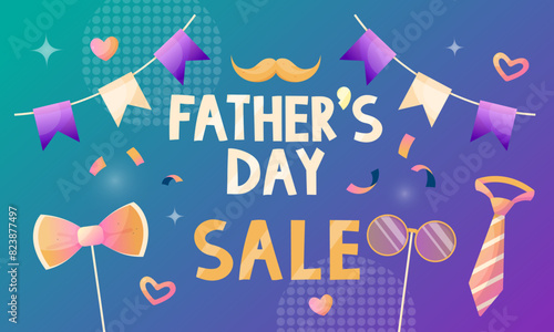 Father's Day Sale Promotion Banner. Greeting card, poster or banner with bow tie, for congratulating dady.glasses, mustache, balloons. Vector illustration