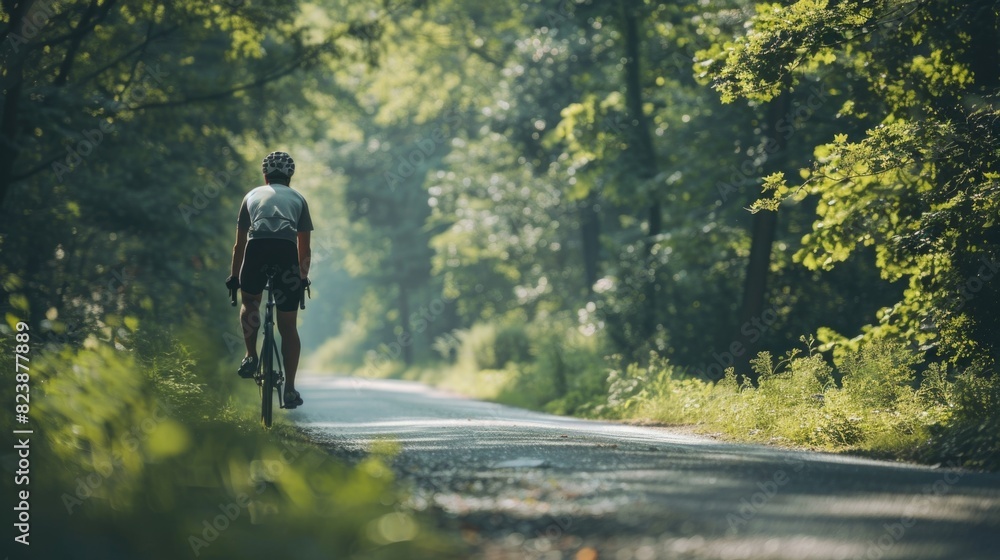 A man cycling down a road surrounded by trees. Perfect for outdoor and leisure concepts