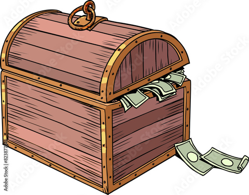 Pop Art Retro Wooden luxury chest with money. Financial savings that accumulate. Wealth under lock and key.