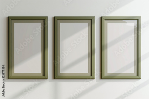 a mock-up showcasing three empty posters in olive green frames on a white wall.