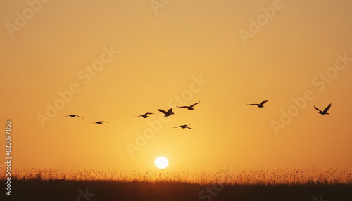 Birds fly in formation over a field as the sun sets, creating a scenic spectacle of nature