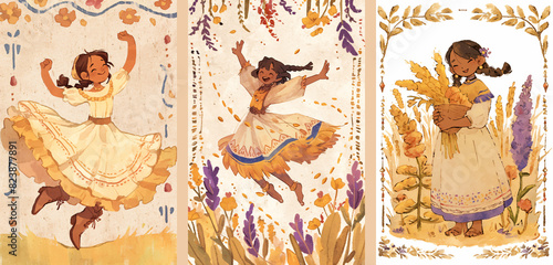 Smiling women dancing in traditional dresses with flowers and ribbons. Set of three watercolor postcards for Festa Junina celebration. concept for greeting card and invitation design