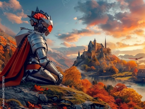 A knight in futuristic armor kneels on a mountaintop overlooking a valley with a castle in the distance. photo