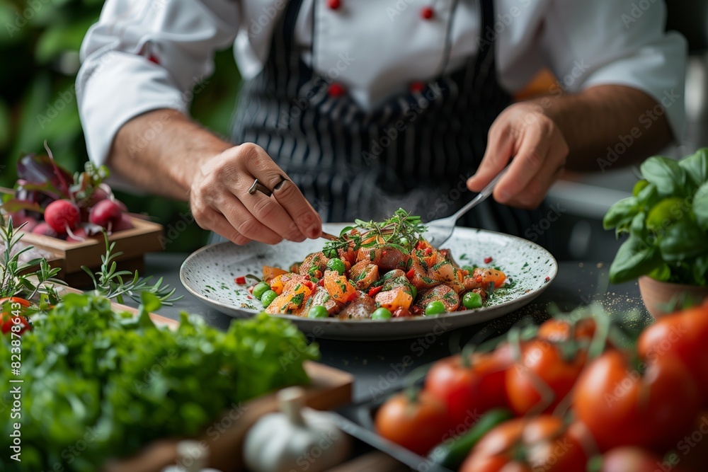 A chef plating a dish with precision and care, using organic, locally sourced produce, on a backdrop of a kitchen garden where ingredients are grown.