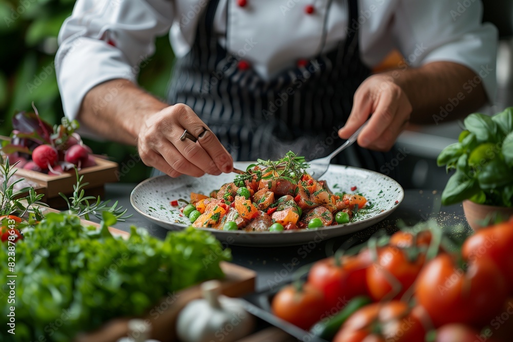 A chef plating a dish with precision and care, using organic, locally sourced produce, on a backdrop of a kitchen garden where ingredients are grown. A chef plating a dish with precision and care, using organic, locally sourced produce, on a backdrop of a kitchen garden where ingredients are grown.
