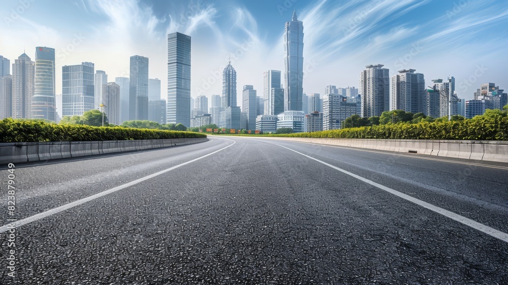 curved asphalt highway road and city skyline early morning light.