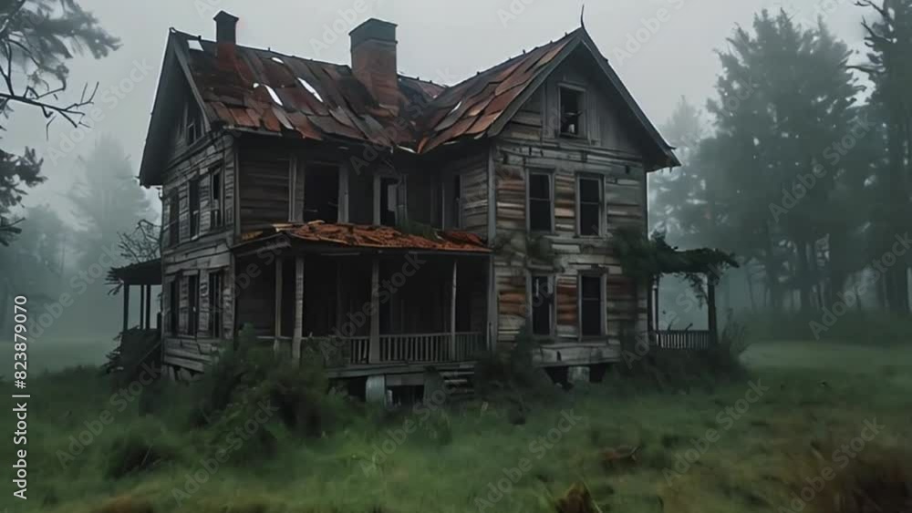 Eerie Abandoned House in a Foggy Forest Eerie Abandoned House in a Foggy Forest