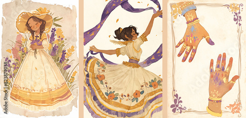 Smiling women dancing in traditional dresses with flowers and ribbons. Set of three watercolor postcards for Festa Junina celebration. concept for greeting card and invitation design