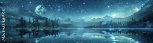 Frame mockup, a dreamy starlit night over a tranquil lake with reflections of the moon and constellations, creating a serene and mystical ambiance photo