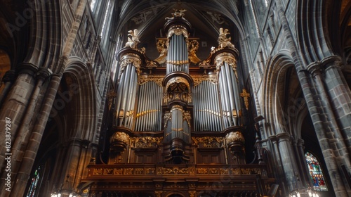 A large pipe organ in a church with a beautiful stained glass window. Ideal for religious and music-related projects