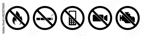 No smoking area, no fire, no cellphone, stop engine restriction ban symbol. Petrol pump safety rules icon set. Warning sign for gas and petroleum in black and white color.