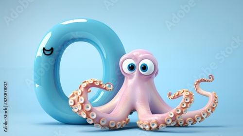 A cartoon octopus is standing next to the letter O
