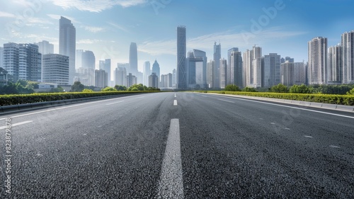 curved asphalt highway road and city skyline early morning light.