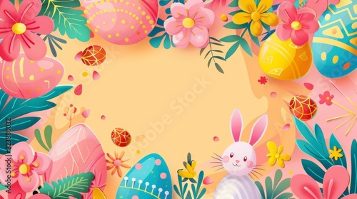 Illustration cards blank template for text of Easter Sunday in colorful styles, with vibrant Easter egg and bunny icons, including space for text in the center for text