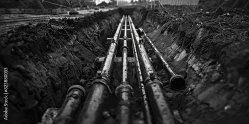 A black and white photo of pipes in a trench. Suitable for industrial concepts