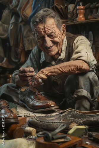 A senior man sitting on the ground fixing a shoe. Suitable for crafts or shoemaking concepts