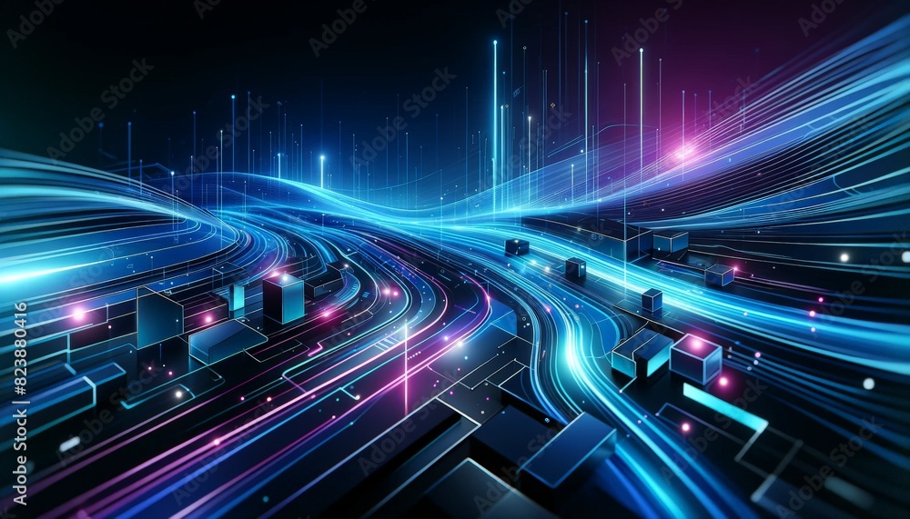 Futuristic Abstract Background with Glowing Data Streams and 3D Shapes Futuristic Abstract Background with Glowing Data Streams and 3D Shapes