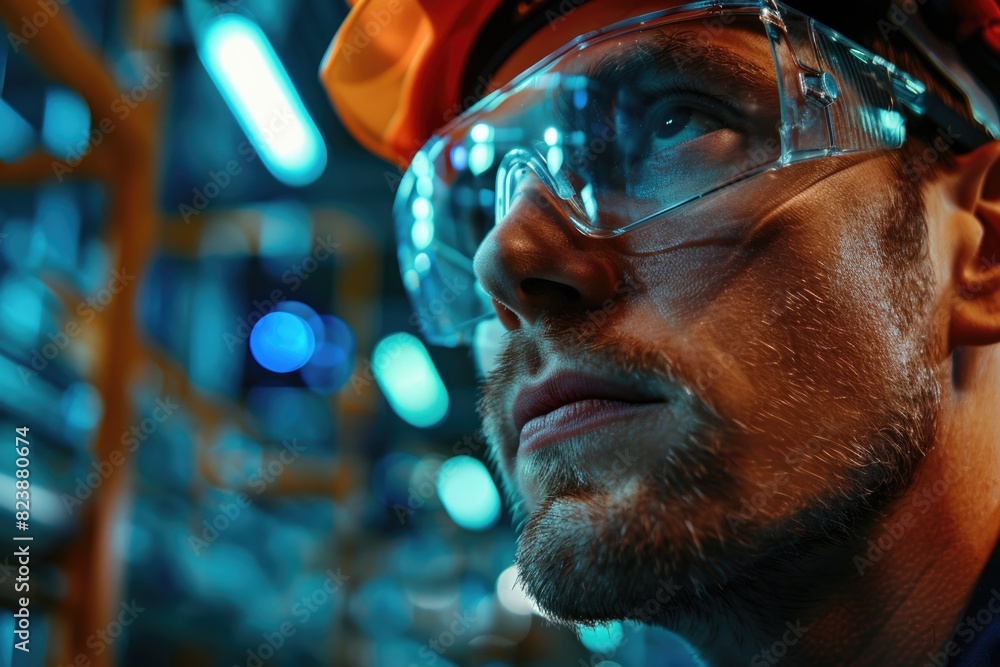 A man wearing a hard hat and safety glasses, suitable for construction industry concepts A man wearing a hard hat and safety glasses, suitable for construction industry concepts