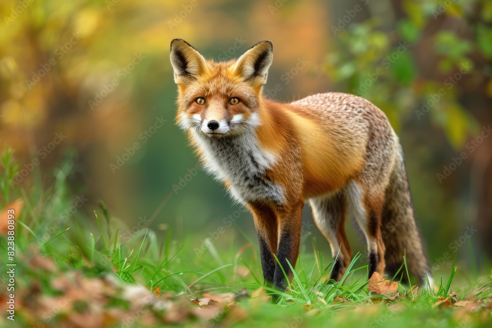 A fox standing in grass, making eye contact with camera. Suitable for wildlife or nature concepts A fox standing in grass, making eye contact with camera. Suitable for wildlife or nature concepts