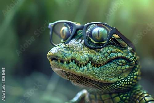 a crocodile wearing glasses with a cute face