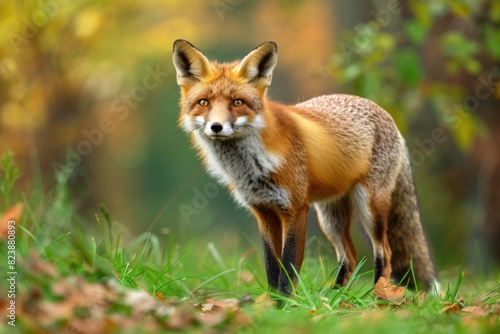 A fox standing in grass, making eye contact with camera. Suitable for wildlife or nature concepts