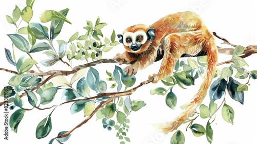 Set of water color of a slow loris, gently climbing a tree at dusk, in a serene, twilight jungle, Clipart isolated on white photo