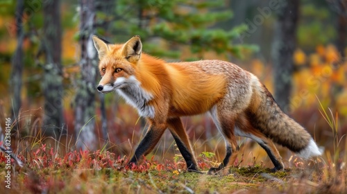 A red fox walking through a forest in the fall. Suitable for nature and wildlife themes © Fotograf