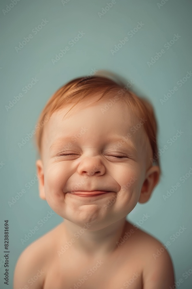 Sleepy baby grins peacefully against a solid pastel blue backdrop, isolated in serene slumber Sleepy baby grins peacefully against a solid pastel blue backdrop, isolated in serene slumber